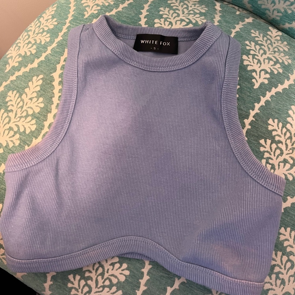 White Fox Blue Ribbed Crop Top